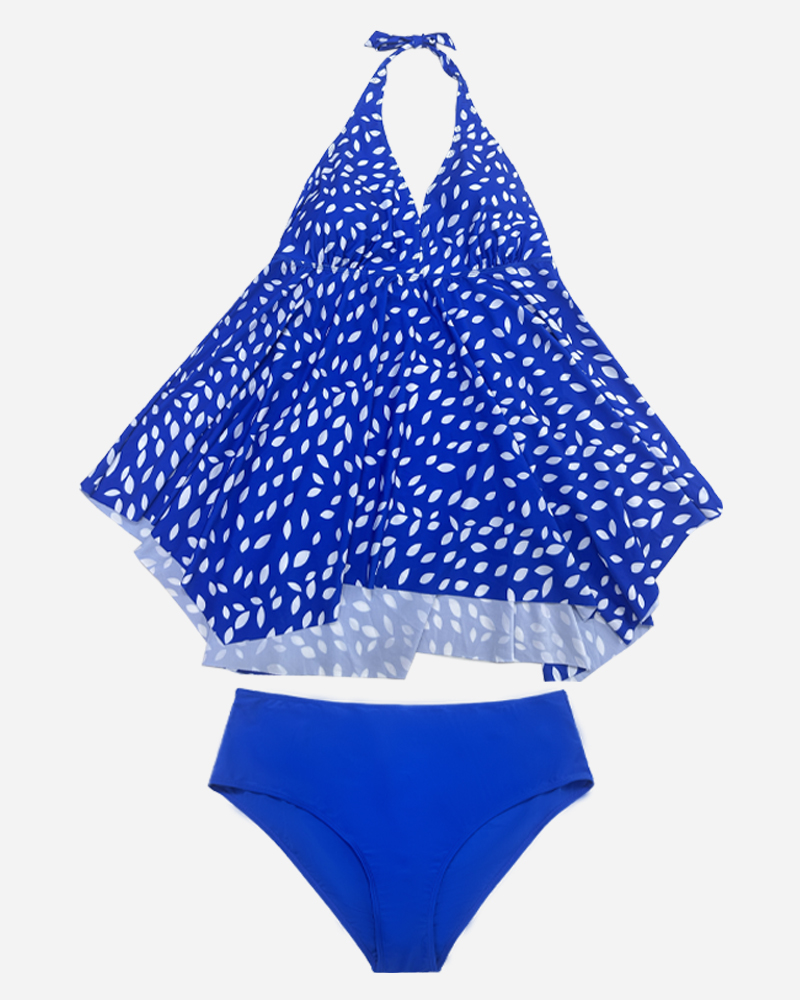 Leaf Print Halter Tankini Top & Solid Bikini Bottoms Set