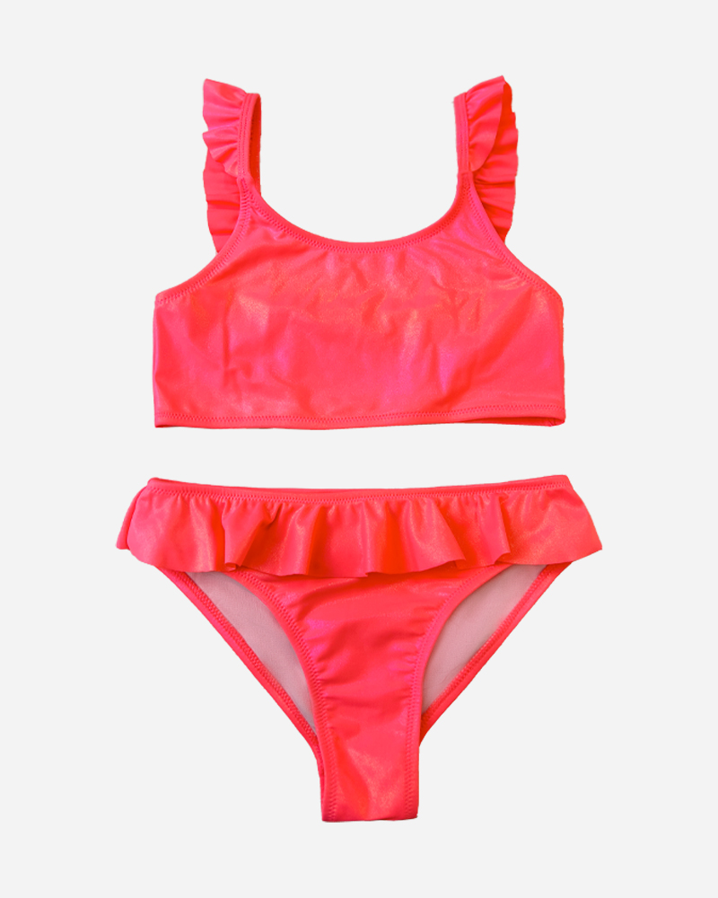 Solid Ruffled Round Neck Bikini Top & Ruffled Bikini Bottoms Set