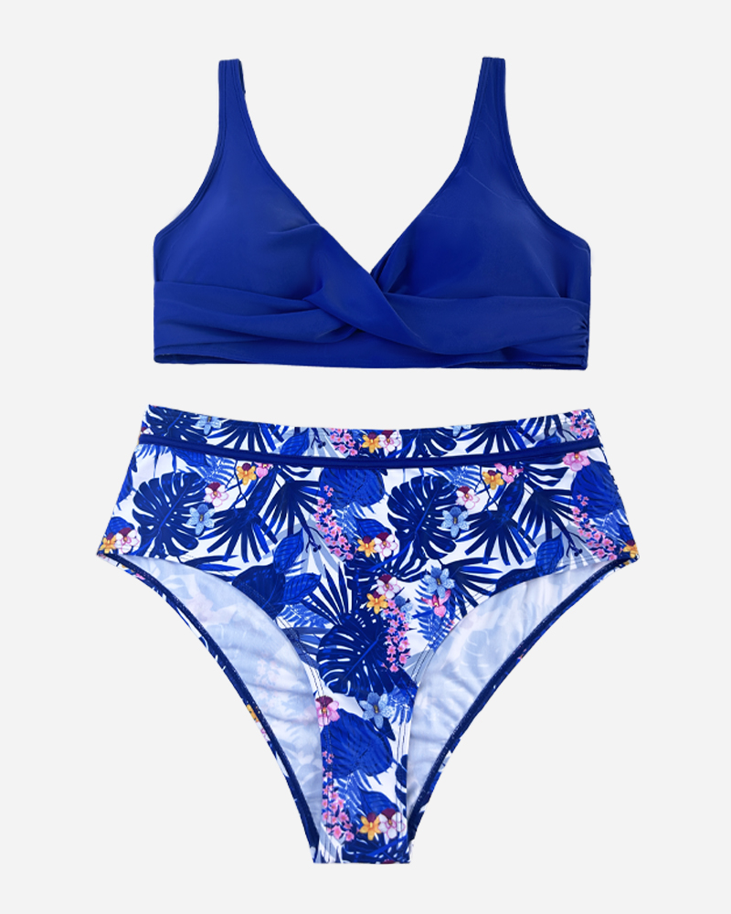 Solid Twist Front Bikini Top & Tropical Bikini Bottoms Set