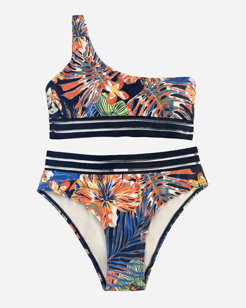 Palm One Shoulder Bikini Top & Mid Rise Bikini Bottoms Set