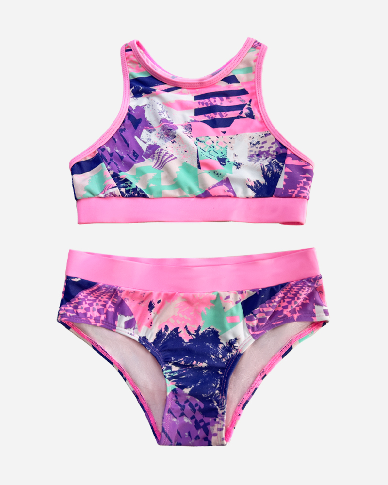 Printed Scoop Neck Tankini Top&Mid Rise Bikini Bottom Set