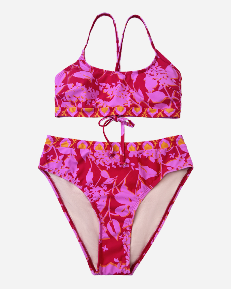 Floral Cross Over Bikini Top& Floral Mid Rise Bikini Bottom