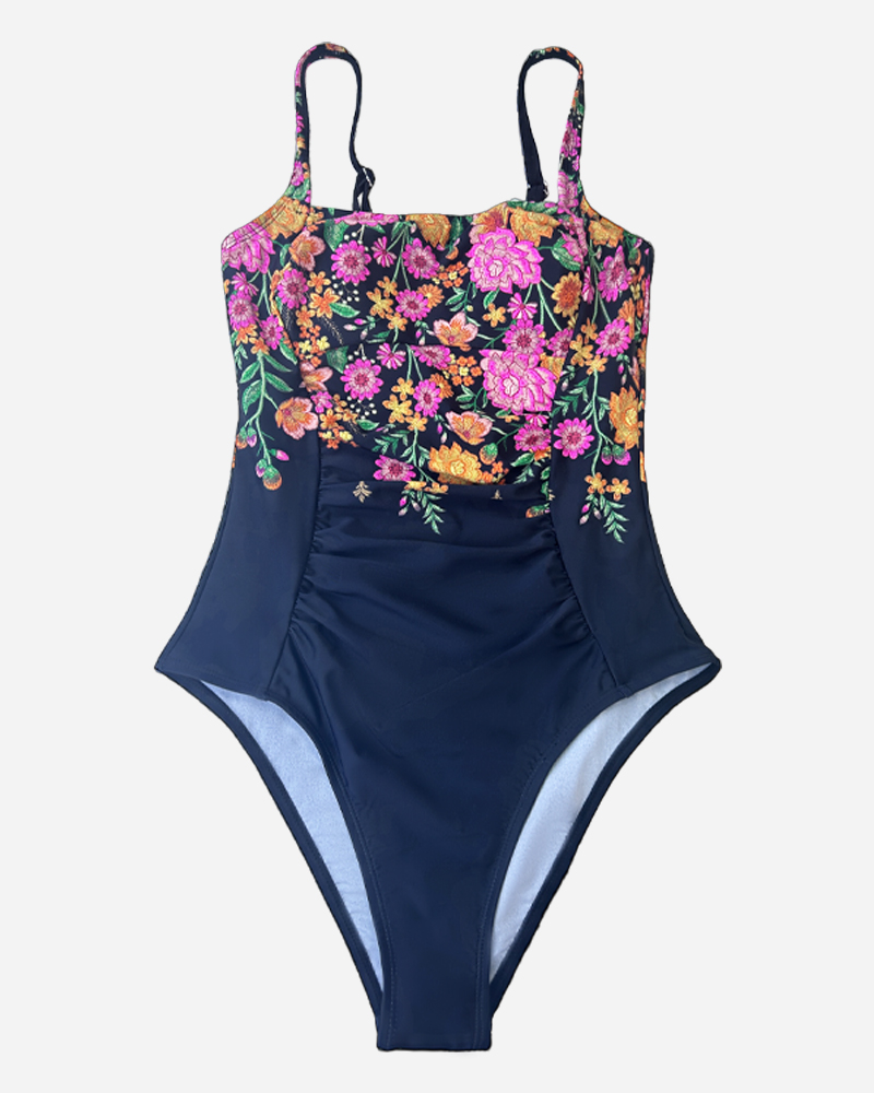 Floral Solid Shirred Square Neck One Piece Set