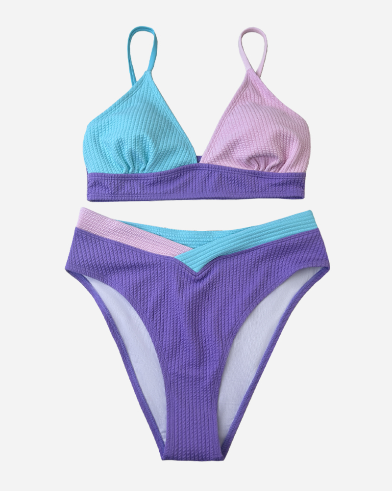 Colorblock V-Neck Bikini Top&Mid Rise Bikini Bottom Set