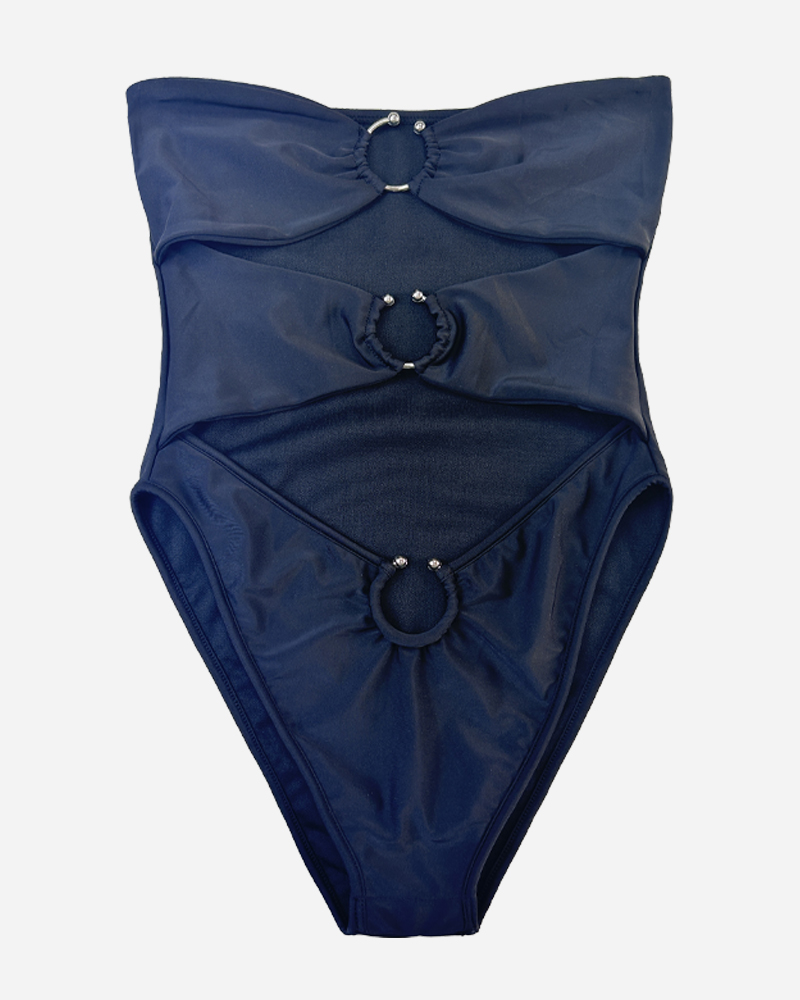 Solid O-Ring Cut Out Bandeau One Piece Set