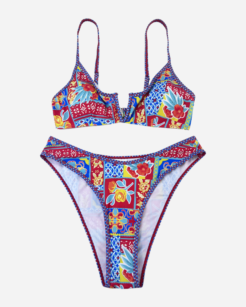 All Over Print V-Wire Bikini Top&Low Waist Bikini Bottom Set