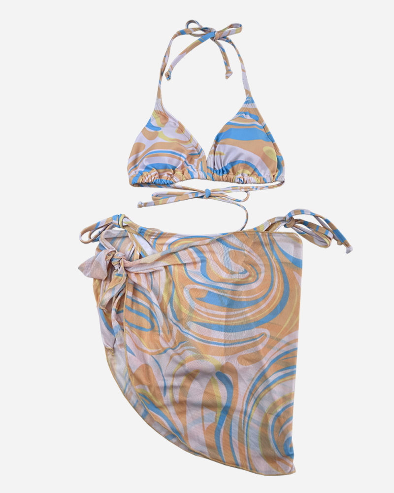 All Over Print Halter Triangle&Hipster Tie Side Bikini Bottom&All Over Print Ruffled Cover-Up