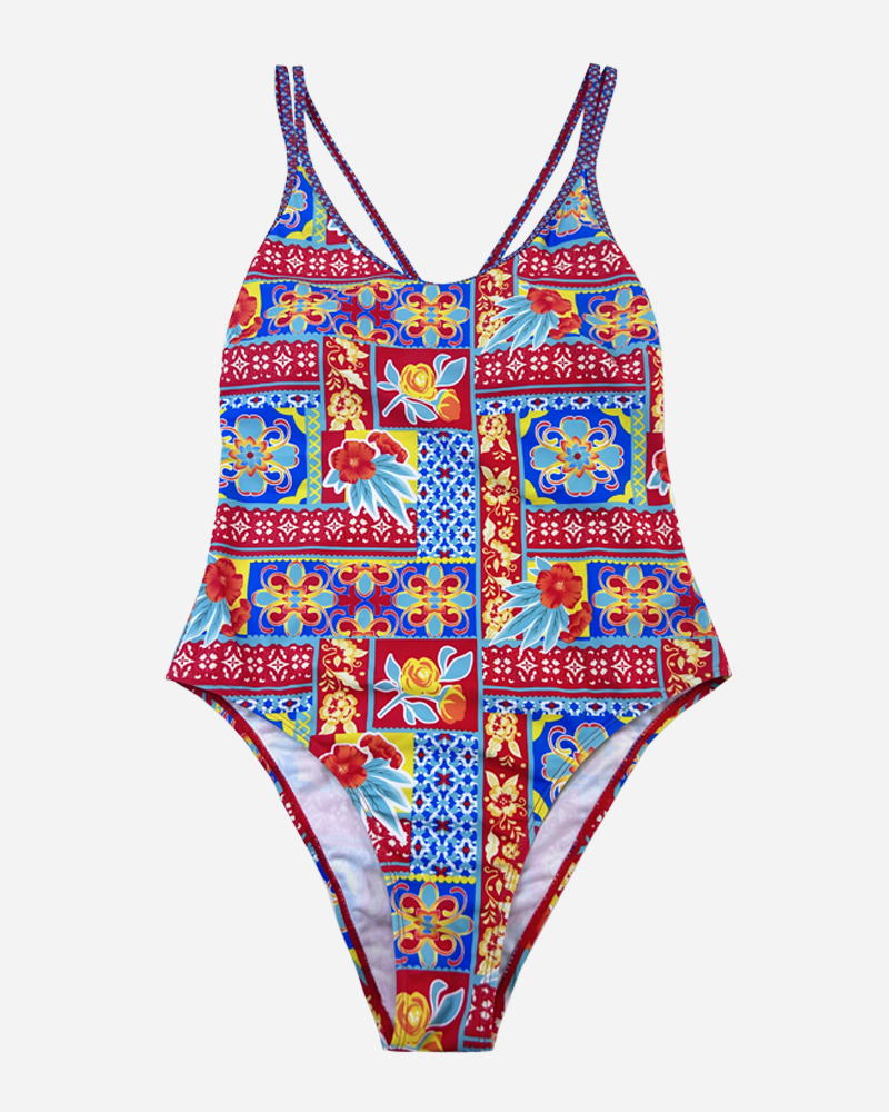 Floral Cross Over Dual Strap One Piece Set