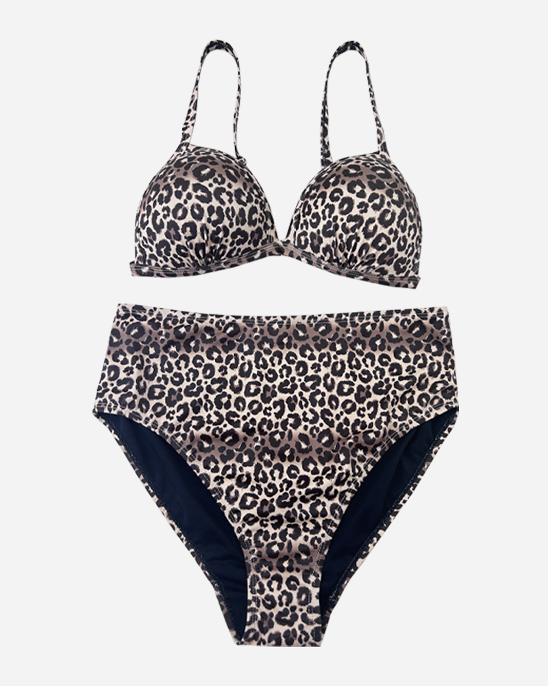 Leopard Print V-Neck Bikini Top&Leopard Print High Rise Bikini Bottom Set