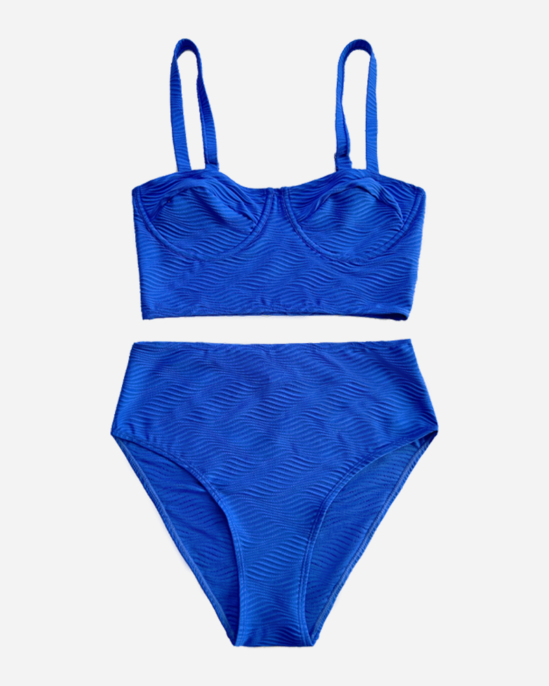 Solid Square Neck Bikini Top&Mid Rise Bikini Bottom Set