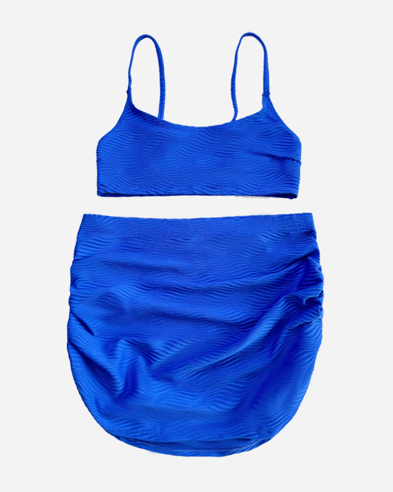 Solid Square Neck Bikini Top&Solid Shirred Mini Skirt Set