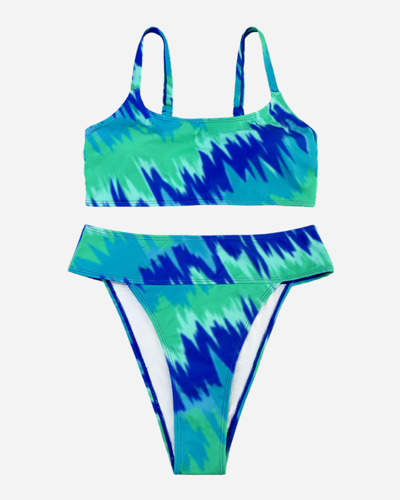 All Over Print Shirred Bikini Top&Mid Rise Bikini Bottom Set