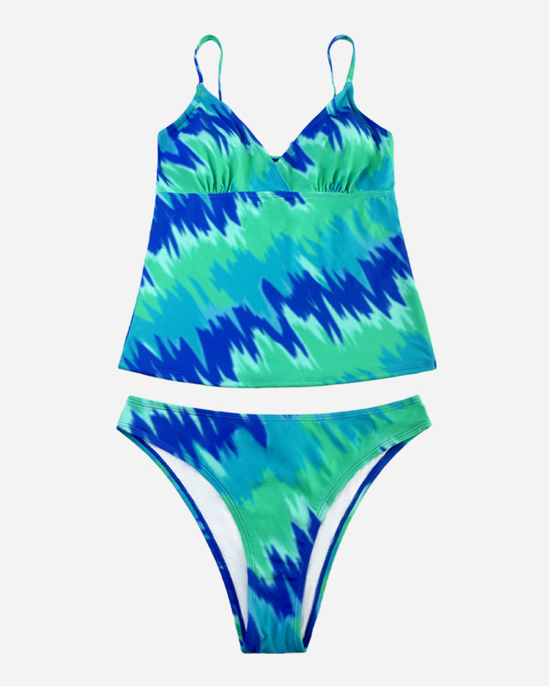 All Over Print Shirred Tankini Top&Hipster Bikini Bottom Set