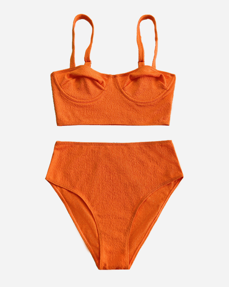 Solid Square Neck Bikini Top&Mid Rise Bikini Bottom Set