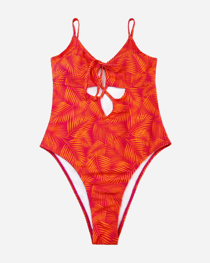 All Over Print Cut Out Tie Front One Piece Set