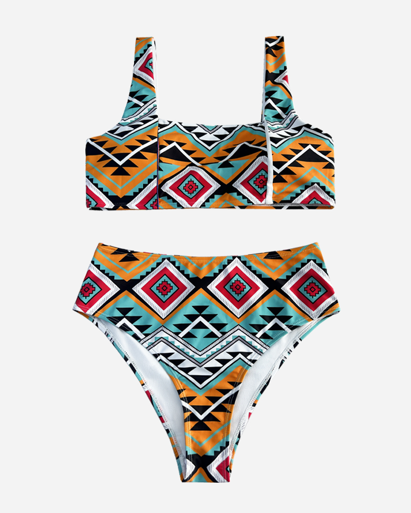 All Over Print Cut Out Bikini Top&Mid Rise Bikini Bottom