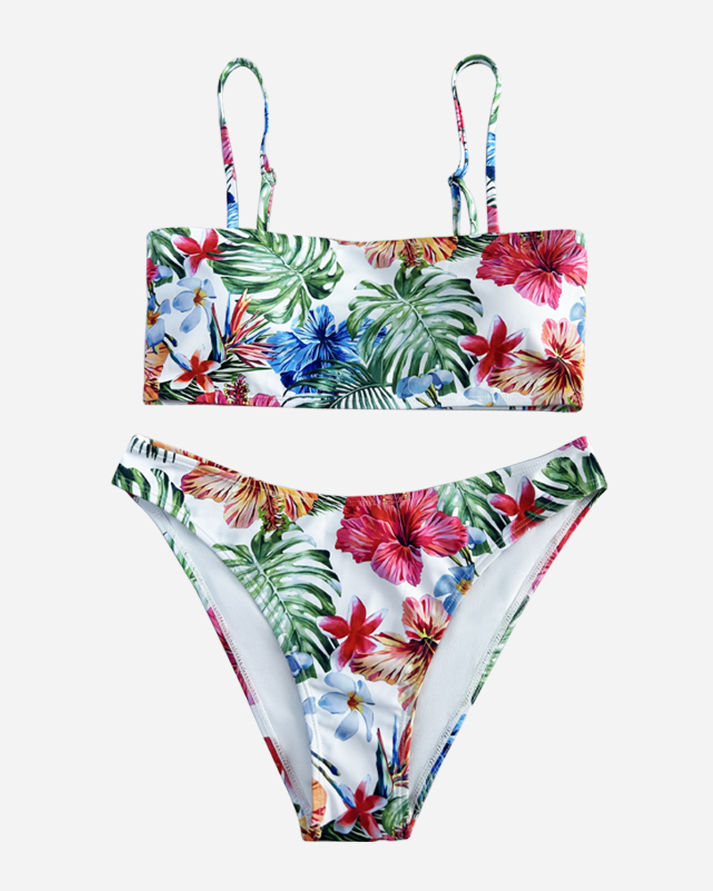 All Over Print Shirred Bikini Top&Mid Rise Bikini Bottom Set