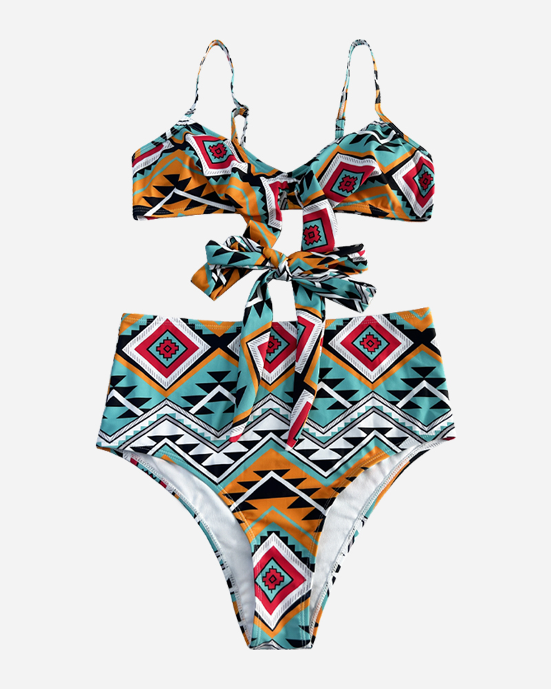 All Over Print Tie Front Bikini Top&High Rise Bikini Bottom Set