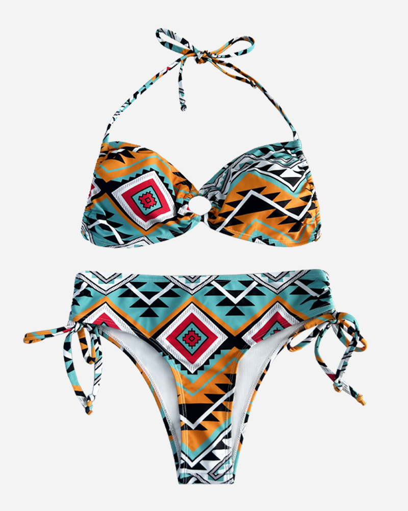 All Over Print Halter Bikini Top&Tie Side Mid Rise Bikini Bottom Set