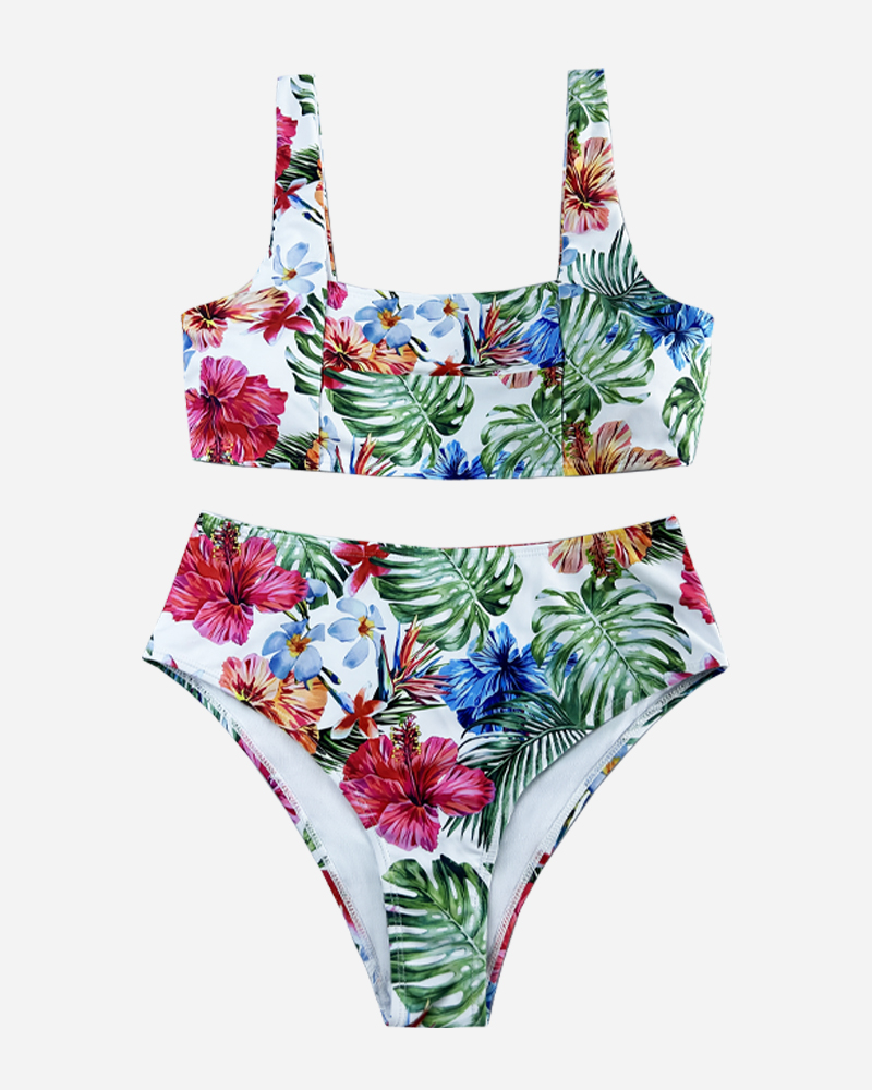 All Over Print Cut Out Bikini Top&Mid Rise Bikini Bottom