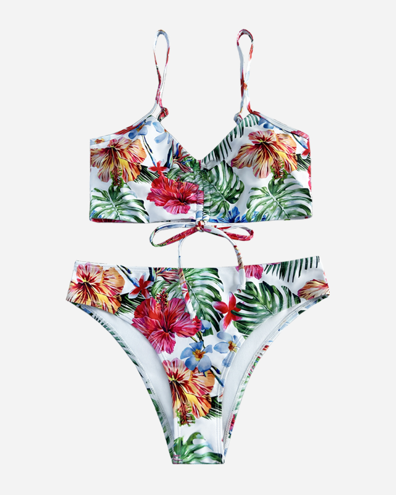 All Over Print Tie Front Bikini Top&All Over Print Mid Rise Bikini Bottom Set