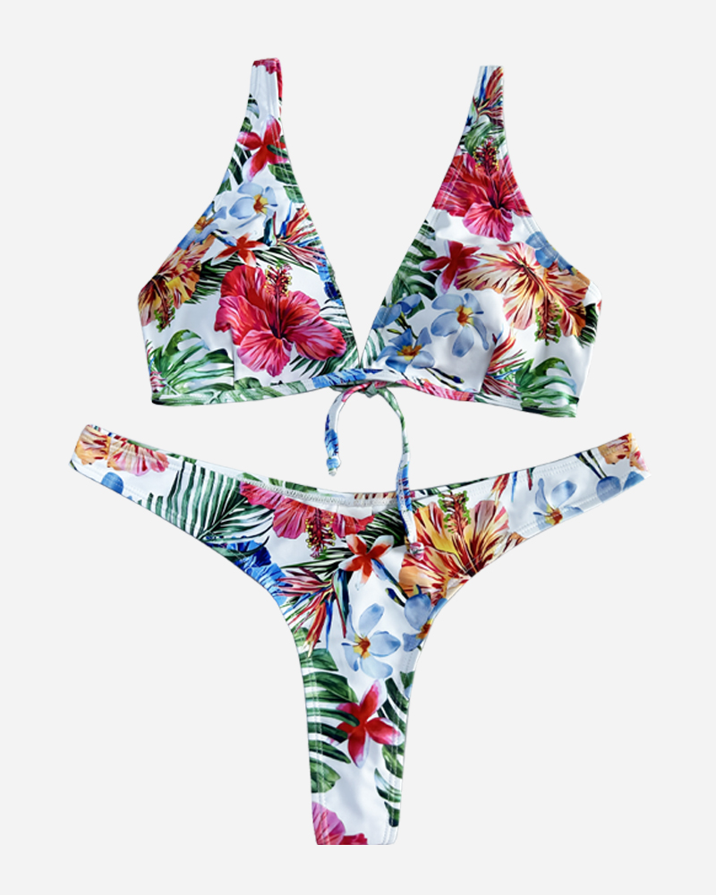 All Over Print Tie Front Bikini Top&All Over Print Hipster Bikini Bottom Set