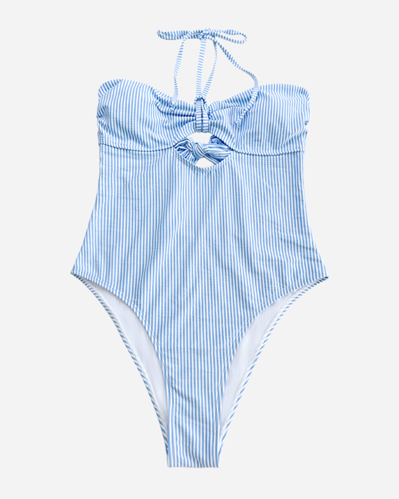 Stripe Halter Tie Front Cut Out One Piece Set