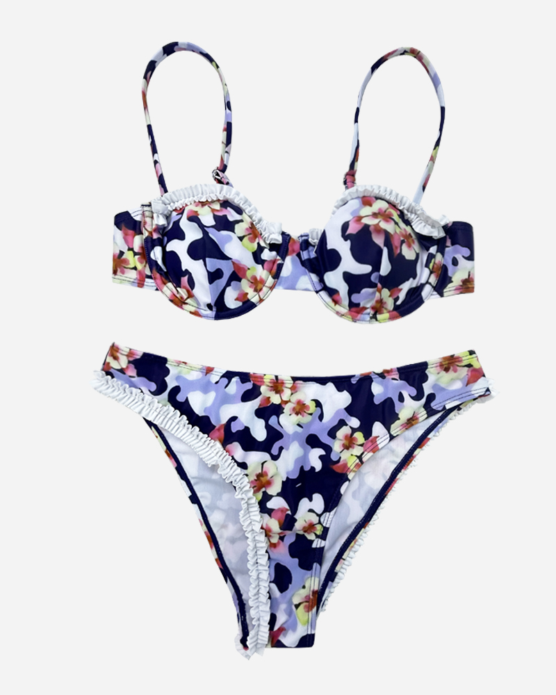 Floral Ruffled Bikini Top Floral Mid Rise Bikini Bottom Set