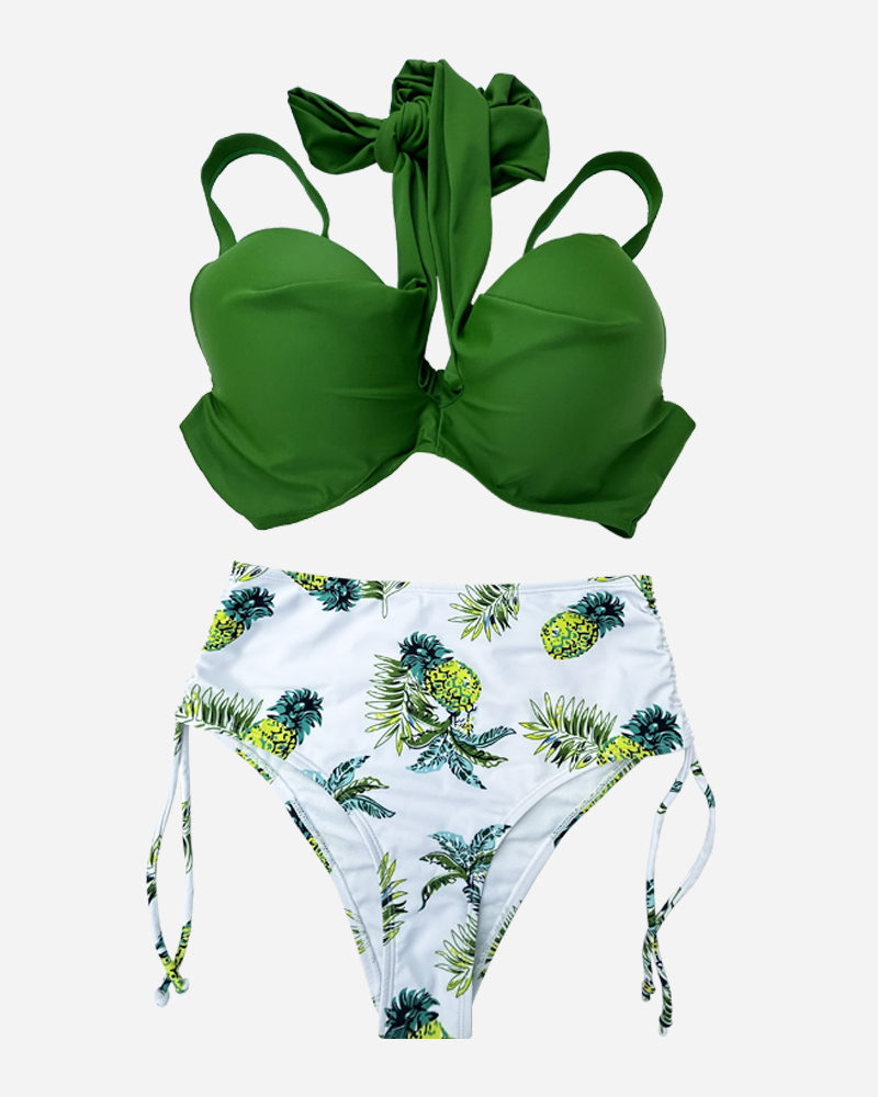 Solid Halter Bikini Top&Tropical Tie Side Bikini Bottom Plus Size Swimwear Set